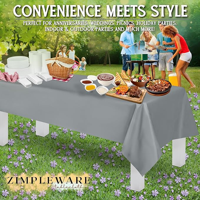 ZIMPLEWARE Premium Silver Plastic Table Cloth Disposable (6 Pk) Plastic Tablecloths for Rectangle Tables (54in x 108in) Party Table Cloths Disposable for 6ft to 8ft Rectangle Tables