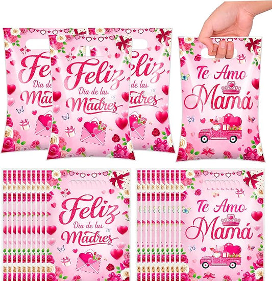 Hokinaa Mothers Day Gift Bags - 50 Pcs Feliz Día de Las Madres Bolsas de Regalo Spanish Happy Pink Floral Flower Large Plastic Goodie Treat Party Favors Snack Candy Bag Bulk with Handles for Women Mom