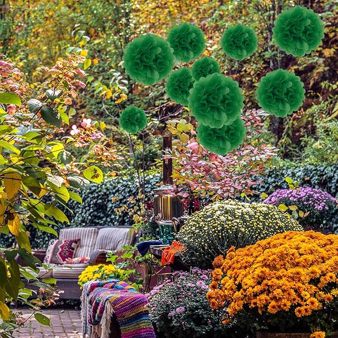 20 PCS Green Tissue Paper Pom Poms, Tissue Pom Poms Flowers, Sizes of 6", 10", 12", 14" Hanging Paper Flower Ball for Wedding, Birthday, Halloween, Christmas, Baby Shower Party Decor