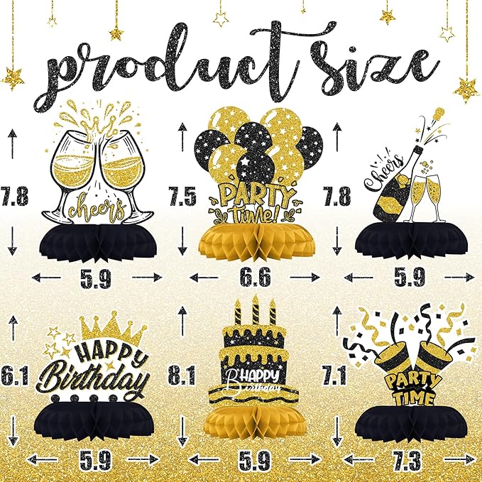 Black and Gold Birthday Decorations – 12Pcs Honeycomb Table Centerpieces, Elegant Party Table Toppers for Women, Classy Black Gold Birthday Party Supplies