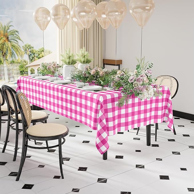 Smiry 12 Packs Gingham Disposable Table Cloth, 54 x 108 Inch Waterproof Plastic Tablecloth, Rectangle Hot Pink and White Checkered Table Covers for Picnic, Birthday, Party
