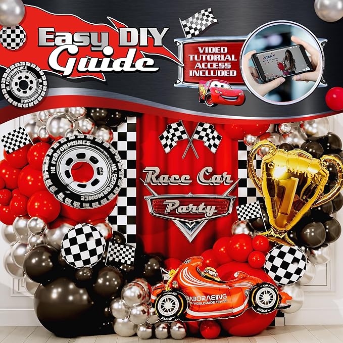 ALL-IN-1 Race Car Balloon Arch Kit with BONUS Trophy & RaceCar - Cars Balloon Garland Kit for Race Car Theme Birthday Party Supplies & Hot Wheels Balloons Race Cars Decorations