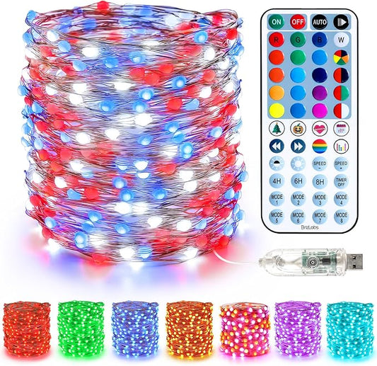 BrizLabs Fairy String Lights, 33ft 100 LED Red White Blue Fairy Lights with Remote Timer, USB July 4th Starry Light Music Sync RGB Color Changing Twinkle Light for Xmas Halloween Easter Party Wedding