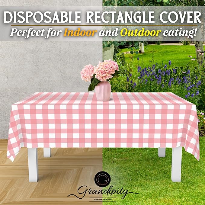 Grandipity Pink Gingham Checkered Plastic Table Cloth Disposable (6 Pk) 54in x 108in Plastic Tablecloths for Rectangle Tables - Premium Party Table Cloths Disposable for 6ft to 8ft Rectangle Tables