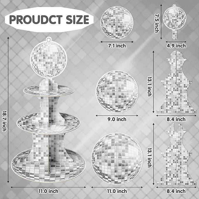 Haooryx Disco Cupcake Stand Decoration - 3-Tier Silver Glitter Disco Ball Cardboard Cupcake Stand Dessert Holder for Theme Birthday Party Decor Baby Shower Bachelorette Party Table Decor Supply
