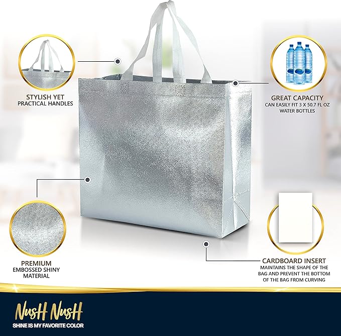 Nush Nush Silver Gift Bags Large Size – Set of 30 Reusable Silver Gift Bags With Handles- Metallic Party Favor Bag In Bulk For Small Business Use In Gifting Events, Christmas, Birthdays - 13Wx5Dx11H