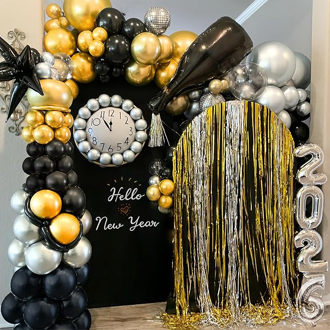 Black and Gold Balloons Set, 12 Inch Black Gold Silver Balloon New Year Eve Party Decoration Black Silver Latex Balloons for New Year Party Birthday Wedding Graduation Banquet Decoration