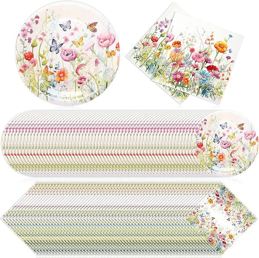 Zhehao 120 Pcs Wildflower Dessert Plates Flower 7 Inch Disposable Paper Plates and Napkins Bulk Floral Birthday Party Decorations Wedding Party Supplies