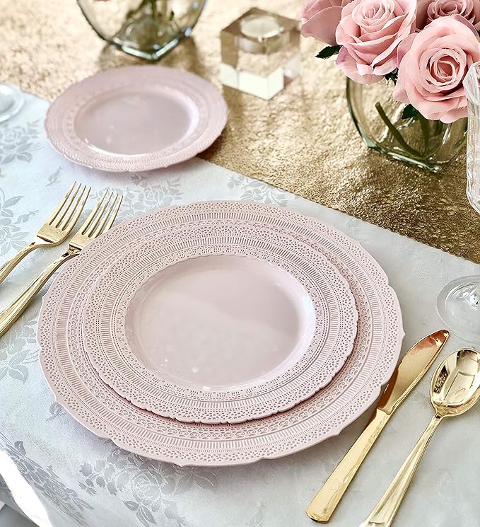 " OCCASIONS " 120 Plates Pack,(60 Guests) Extra Heavyweight Vintage Wedding Disposable/Reusable Plastic Plates 60x11'' Dinner+60 x 8.25'' Salad/Dessert Plate (Chateau Blush Pink)