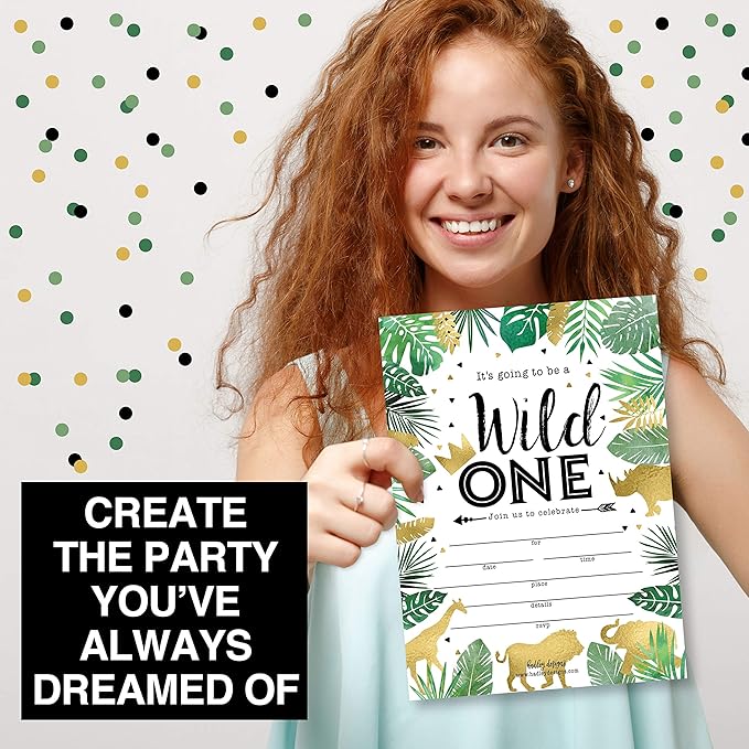 Hadley Designs Kids Birthday Invitations For Boys and Girls Safari Theme - 25 Wild One 1st Birthday Party Invitations For Boys, Jungle Invites For Girls, Cute Animals Party Supplies, Made In USA
