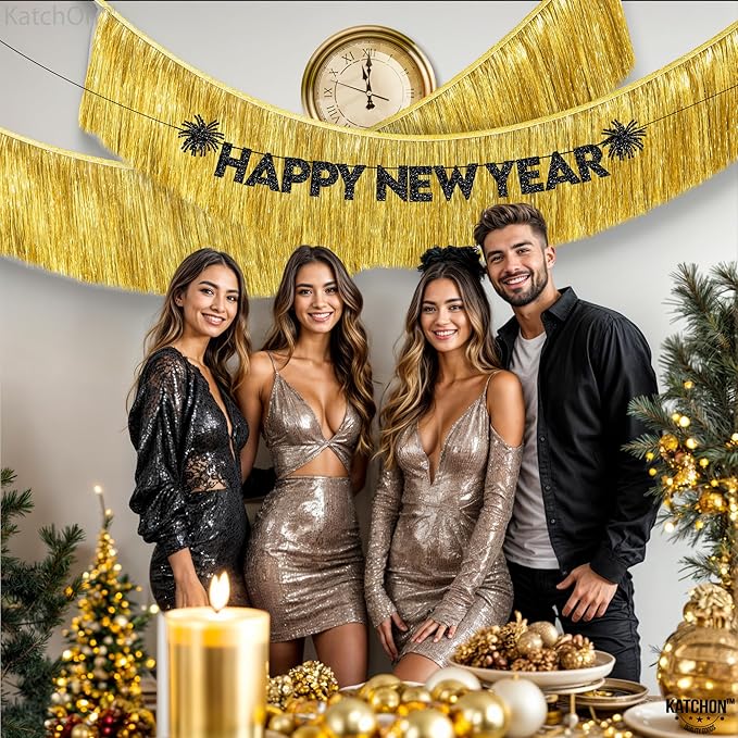 KatchOn, Pack of 2 Gold Fringe Garland - Gold Tinsel Banner for Birthday Party Decorations, Bridal Shower | Golden Foil Curtains for Golden Party Decor, Wedding, Graduation Decorations 2026