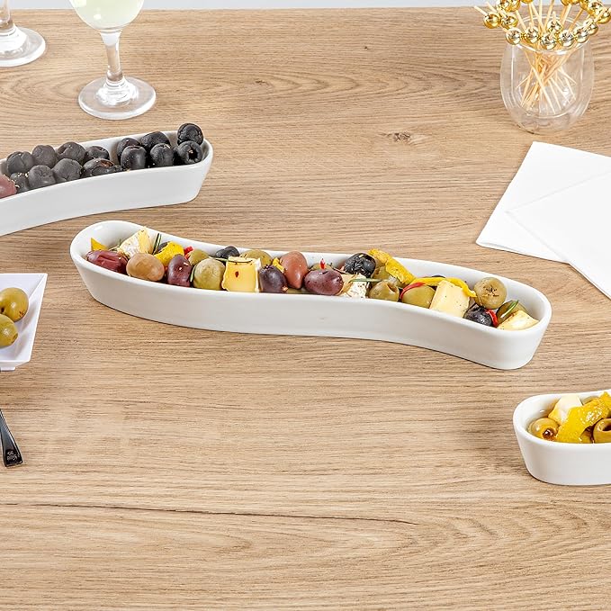 Restaurantware Swerve 10 Ounce Olive Plate 1 Curved Olive Tray - Medium Chip Resistant White Porcelain Olive Canoe Dishwasher Safe For Snacks Condiments Or Appetizers