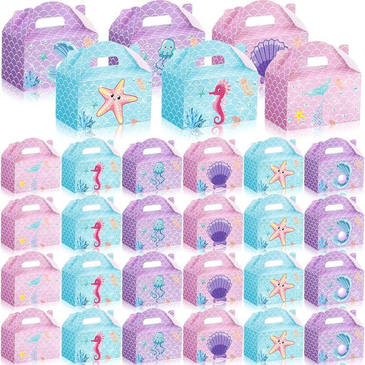 Dunzoom 24 Pcs Mermaid Party Favors Treat Boxes Shell Pearl Mermaid Goodie Bags Candy Gift Bags Ocean Gable Box with Handles for Girls Under The Sea Birthday Party Supplies