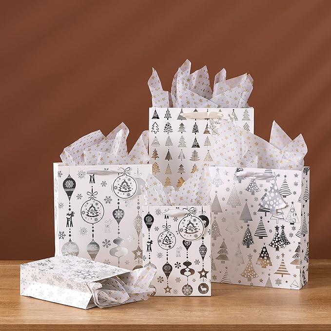 SHIPKEY 12 Pack Gift Bags, Large Silver Paper Bags 10x4x13 Inches with Tissue Paper, for Christmas Presents