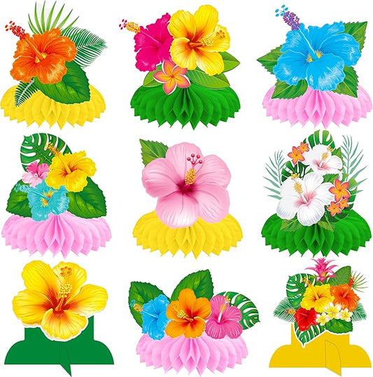 Hawaiian Tropical Party Honeycomb Centerpieces 12Pcs Hibiscus Flower Palm Leaves Centerpieces for Tables Hawaiian Flower Centerpieces Decorations for Hawaii Luau Aloha Party Supplies