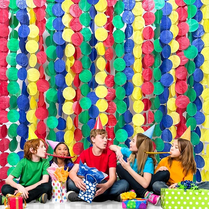 205Ft Mario Party Decorations Red Green Blue Yellow Big Polka Dot Tissue Paper Backdrop Streamer Circle Dot Hanging Garland for Birthday Baby Shower Carnival Circus Clown Fiesta Colorful Party