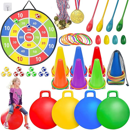 LINAYE Carnival Games Combo Set Outdoor Activities, Field Day Lawn Yard Family Reunion Fall Festival Games Hopper Balls Dart Board for Kids Ring Toss Egg and Spoon for Kids Birthday Party
