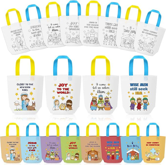 Christmas Coloring Goodie Bags for Kids - 24Pcs Nativity Bulk Color Your Own Gift Bags with Handle Religious Theme Reusable Non Woven Coloring Tote Packet for DIY Painting Crafts Holiday Party Favors