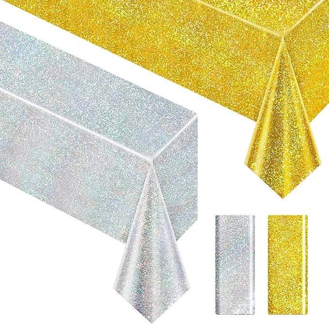 Just Shimmer Sparkling Holographic Laser Tablecloth - Shimmering, Waterproof, Easy to Clean - Ideal for Bachelorette, Mermaid, Birthday, Wedding, and Anniversary Party Decorations (Gold & Silver, 2)