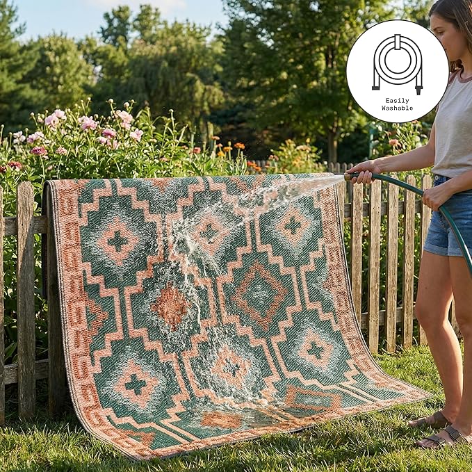 Fab Habitat Outdoor Rug - Waterproof, Fade Resistant, Crease-Free, Reversible - Premium Recycled Plastic - Vintage Boho Kilim - Patio, Porch, Deck, Balcony - Lhasa - Green - 5 x 8 ft
