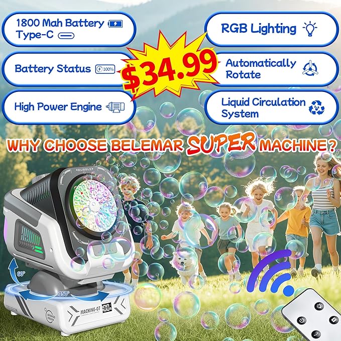 Belemar Upgraded Bubble Machine with Remote Control, Automatic Rotation & RGB Lights, 1800mAh Rechargeable Battery, Type-C Charge, Bubble Maker for Kids, Weddings, Birthday Parties, Outdoor Activities