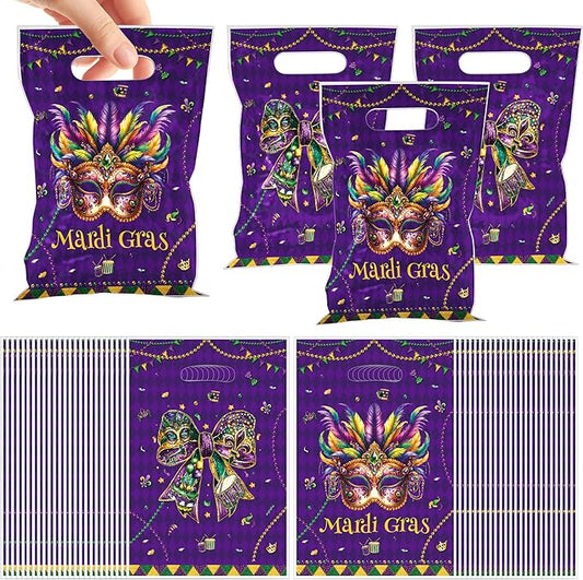 MOIZYNG 50 Pcs Mardi Gras Gift Bags with Handles, Purple Green Masquerade Mask Bow Plastic Treat Goodie Bags for New Orleans Carnival Birthday Mardi Gras Party Favors Supplies