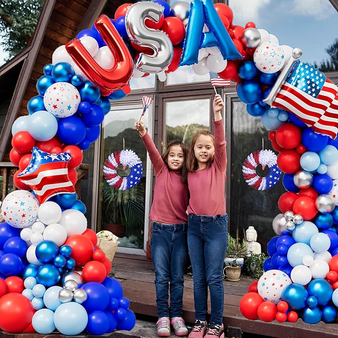 DBKL 156Pcs Red White and Blue Balloons Garland Arch Kit with USA Flag Foil Balloon, Patriotic Balloons for 4th of July Graduation Birthday Baseball Party Decorations