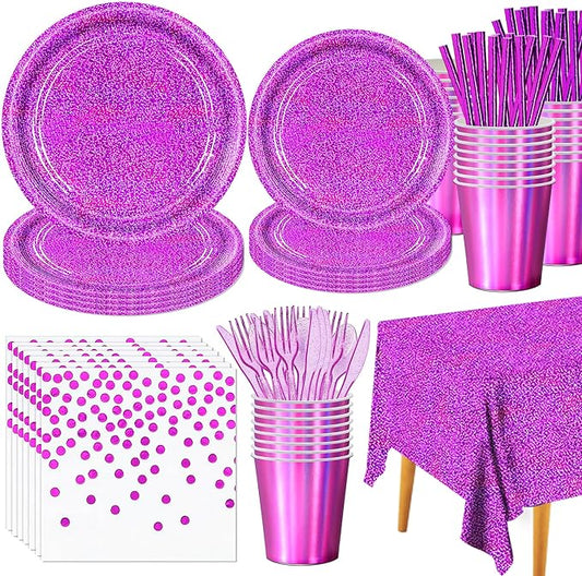 161Demon Hunter Holographic Laser Tablewares Kit, Pink Sparkling Iridescent Grad Decor for 20 Guests-Purple Party Supplies Paper Plates Napkins Cups Cultery for Birthday Wedding Graduation Bachelor