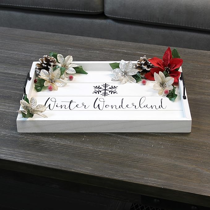 Elegant Designs HG2000-WWW Christmas Decoration Decorative Wood Serving Tray w/Handles, 15.50'' x 12'', Winter Wonderland, White