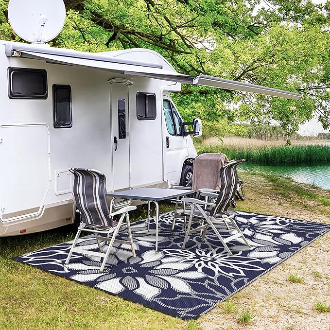GENIMO Outdoor Rug Waterproof for Patio Decor, 6' x 9' Reversible Plastic Straw Floral Camping Carpet, Large Area Rugs Mats for RV, Camper, Deck, Balcony, Porch, Beach, Picnic, Blue & White