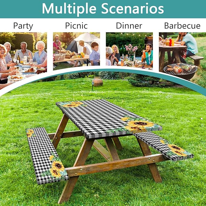 Picnic Table Cover with Bench Covers and Bag, Outdoor Waterproof Windproof Tablecloth with Elastic Edges. Camping Accessories RV Gear Campers 72x30 Inches 3 Pcs Set Black-White Checkered
