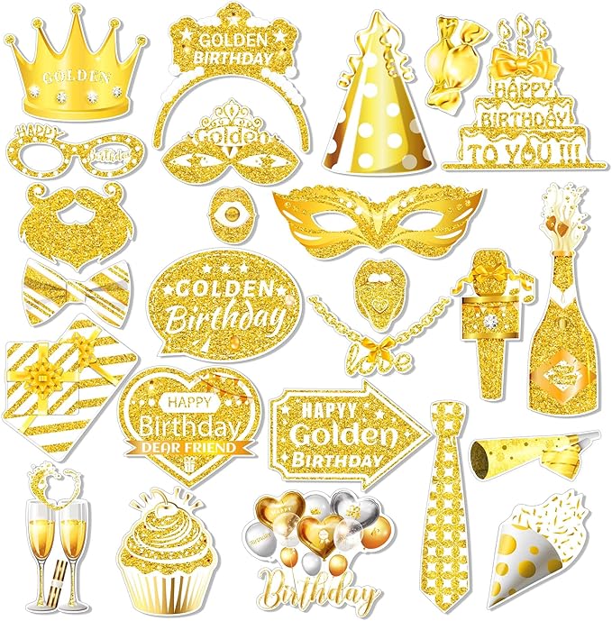 25 Pcs Golden Birthday Photo Booth Props Kit, Gold Glitter Stay Golden Birthday Party Decoration Set, Funny Happy Gold Bday Selfie Photo Props for Boys Girls Women Men, Birthdays Party Supplies