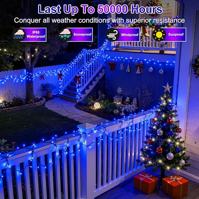 350LED 90FT Christmas Lights Indoor Outdoor, 12 Modes Blue Outdoor String Lights with Timer Dimmable, Waterproof Green Wire Christmas String Lights for Christma Tree Patio Fence Balcony Garden Party