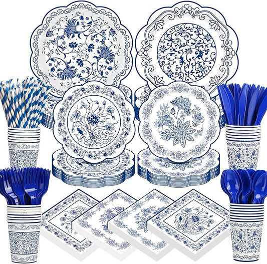 450 Pcs Blue Floral Tableware Set Decorations Blue White Chinoiserie Floral Paper Plates Napkins Cups Cutlery Straws for Vintage Birthday Wedding Bridal Shower Tea Party Supplies, Serves 50