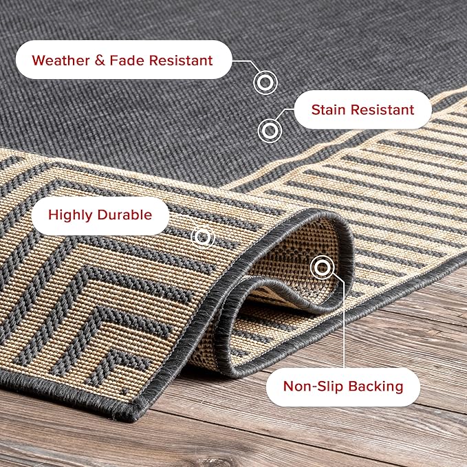 Nuloom Asha Dark Grey/Ivory, 2' x 3', Casual, Striped Border, Soft and Cozy, High Traffic, Stain Resistant, Easy Clean, Durable Area Rug for Indoor/Outdoor Patio, Deck, Porch, Garden, Courtyard