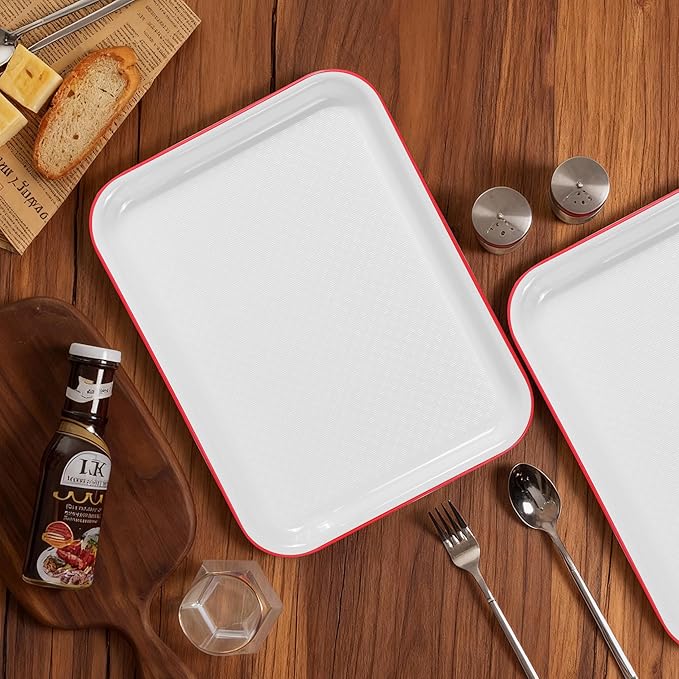 Non-Slip Melamine Serving Trays Set of 2, Rectangular Food Trays with Raised Edges, Stain Resistant White & Red Platters for Restaurant, Party, Home Kitchen, 14.5" x 11" Heavy Duty Trays