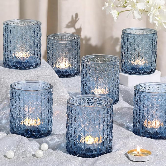 8 Pcs Large Votive Candle Holders Blue Tea Light Candle Holders Glass Candle Holder for Wedding, Bridal Shower, Table Centerpiece, Party, Home Decor