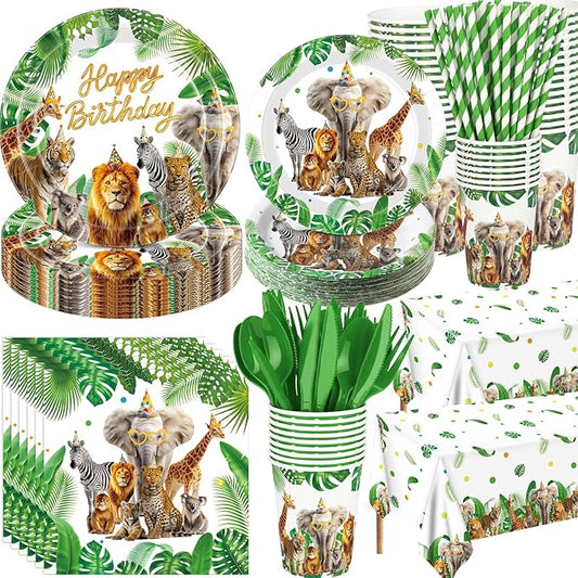Ceenna 452 Pcs Safari Birthday Party Decorations for 50 Guests, Jungle Animals Paper Plates Napkins Cups Tablecloth Cutlery Straw Wild Animals Tableware for Zoo Theme Birthday Party Supplies