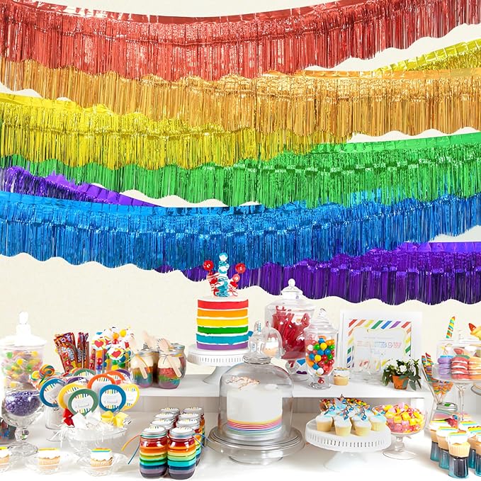 LOLStar Rainbow Foil Fringe Garland Pride Decorations, 6 Pack 59Ft Rainbow Tinsel Metallic Glitter Banner, Hanging Tinsel Fringe Banners for Birthday Pride Month Parade Floats Wedding Decor