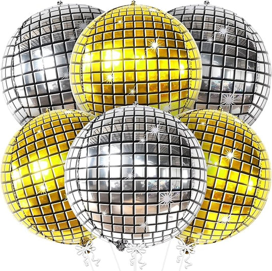 KatchOn, Large Gold and Silver Disco Ball Balloons - 22 Inch, Pack of 6 | 4D Sphere Disco Balloons for Disco Party Decorations, Bachelorette Party Decorations | New Years Decorations 2026