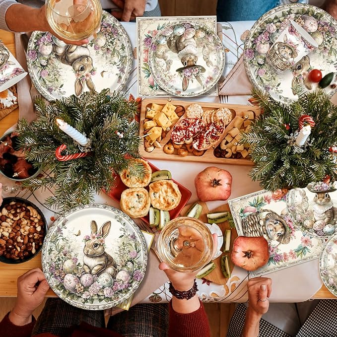 140Pcs Vintage Easter Party Rabbits Plates and Napkins Easter Day Party Supplies Gorgeous Palace-Style Bunny Eggs Paper Plates Birthday Party Decorations Rabbits Party Plates, Serves 20 Guests