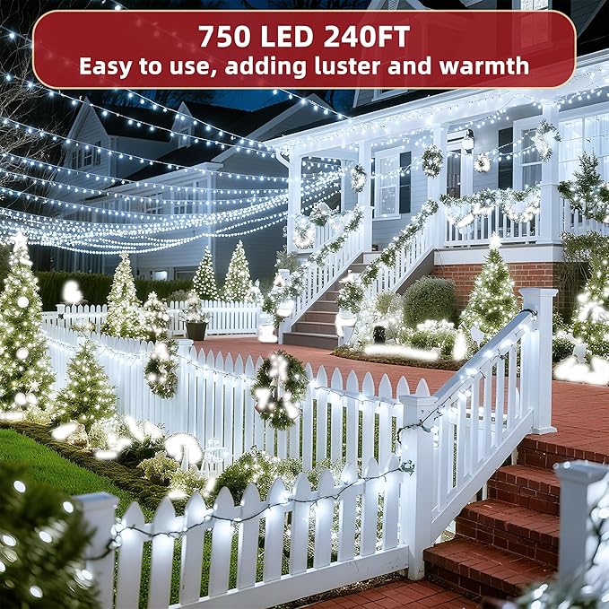 240FT Christmas Lights Outdoor, 750 LED Christmas Tree Decoration Lights with 12 Modes & Timer Memory, Dimmable Plug In Waterproof LED Xmas Light for Yard Trees Wedding Party Holiday Cool White