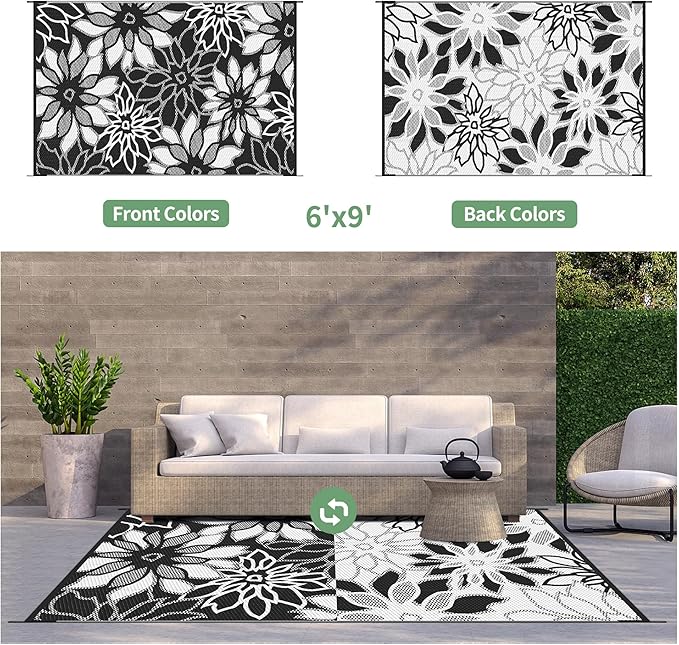 GENIMO Outdoor Rug Waterproof for Patio Decor, 6' x 9' Reversible Plastic Straw Floral Camping Carpet, Large Area Rugs Mats for RV, Camper, Deck, Balcony, Porch, Beach, Picnic, Black & White