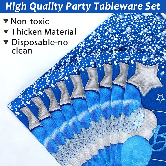 Wiooffen Boy 1st Birthday Party Tableware Set, Blue, 96 Pcs, 24 Guests, Paper Plates, Napkins, Forks