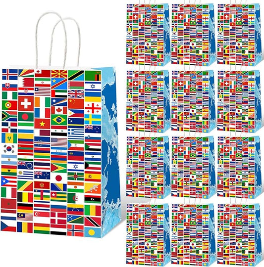 gisgfim 12 Pieces World Country Flags Party Favor Bags International Birthday Goodie Candy Treat Paper Bags Travel Trip Around The World Party Supplies Decorations for Baby Shower Birthday Gifts