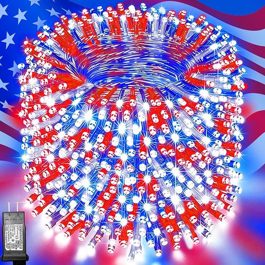 Pooqla 500 LED 164 FT Red White and Blue Lights, 4th of July Patriotic Decoration Twinkle Lights, 8 Modes Plug in 4th of July String Lights for Indoor Outdoor Independence Day Decorations, Clear Wire