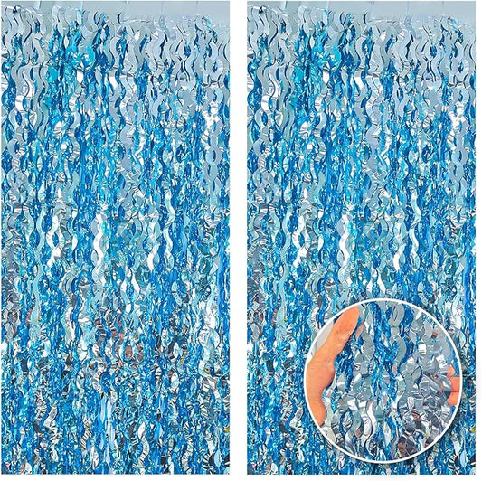 6 Pack Blue Wavy Foil Fringe Curtain, Streamers Water Beach Backdrop for Ocean Backdrop | Under The Sea Party Decorations | Summer Pool Party Decorations, 3.3x6.6 Feet