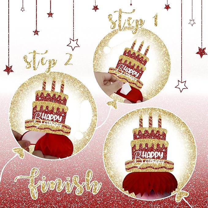 Red and Gold Birthday Decorations – 12PCS Honeycomb Table Centerpieces for Men Women Adults – Happy Birthday Table Decor Party Supplies