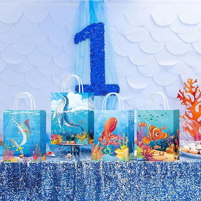 W WINTMING 16PCS Sea Animals Party Gift Bags with Handles Ocean Goodie Bags Under the Sea Party Favor Bags Paper Candy Bags Summer Party Treat Bags Gift Wrap Bags for Birthday Party Decoration