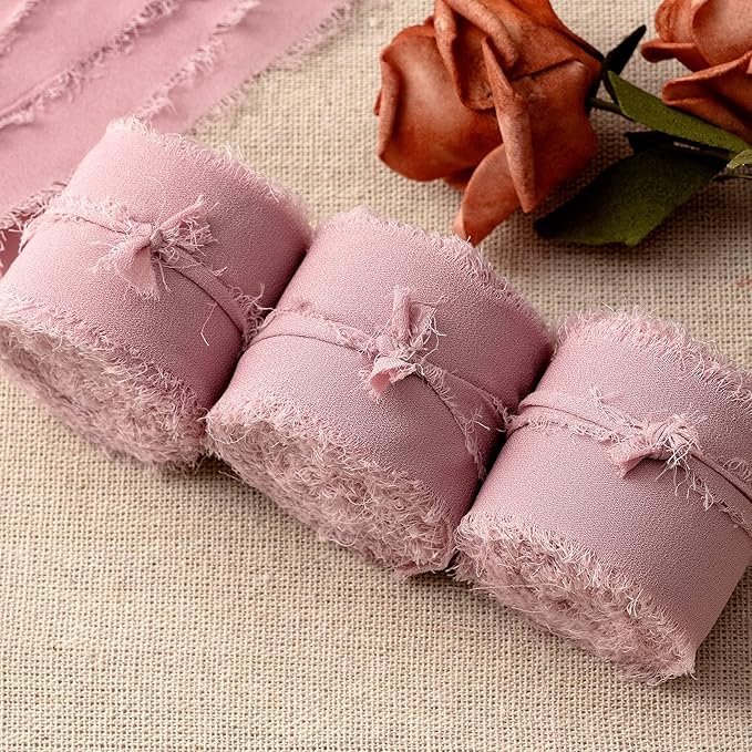 Ribbon, 6 Rolls Dusty Rose Wedding Chiffon Ribbon, 1 1/2 inch x 7Yd Ribbons for Flower Bouquet, Silk Ribbons for Crafts, Wedding Decor, Bridal Bouquets, DIY Crafts for Mothers Day